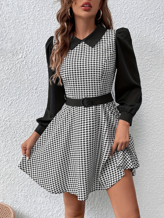 Antmvs Houndstooth Print Splicing Dress, Elegant Flat Collar Long Sleeve Dress, Women's Clothing