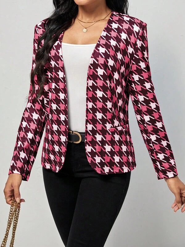 Antmvs Pockets Houndstooth Plus Size Loose V-neck Outerwear Blazer