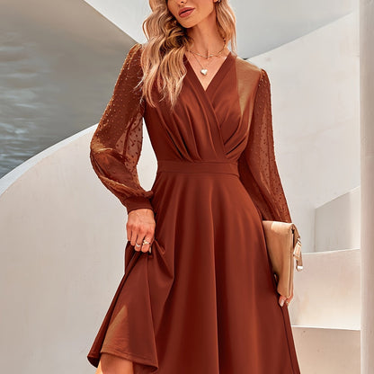 Antmvs Solid Surplice Neck Contrast Mesh Dress, Elegant Long Sleeve Dress For Spring & Summer, Women's Clothing