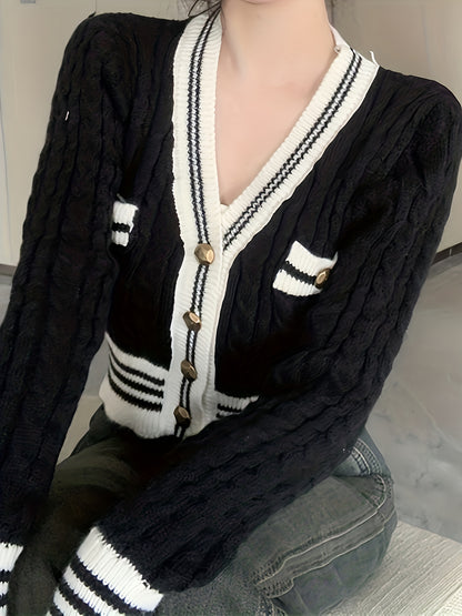 Antmvs Contrast Trim Button Down Cable Knit Cardigan, Casual V Neck Long Sleeve Crop Sweater, Women's Clothing
