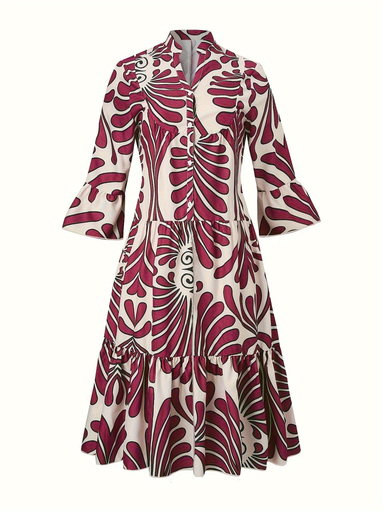 Antmvs Plus Size Elegant Dress, Women's Plus Allover Print Bell Sleeve Button Up Mock Neck Maxi Smock Dress
