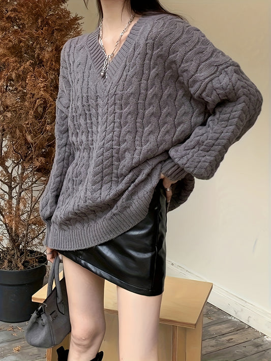 Antmvs Oversized V Neck Knitted Pullover Sweater, Elegant Long Sleeve Sweater For Fall & Winter, Women's Clothing