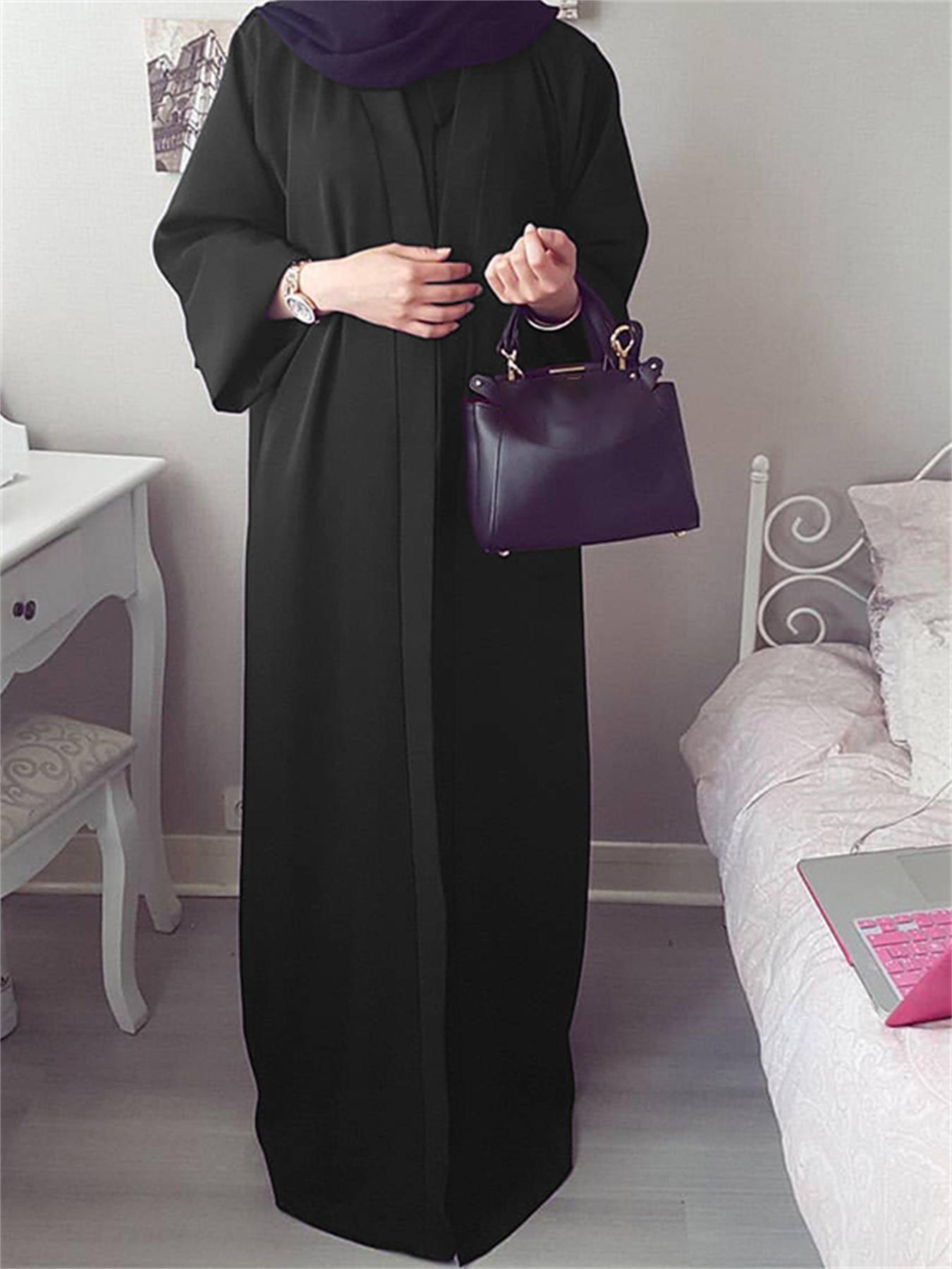 Antmvs Plus Size Modest Abaya Robe, Women's Plus Solid Long Sleeve Open Front Loose Turkey Robe