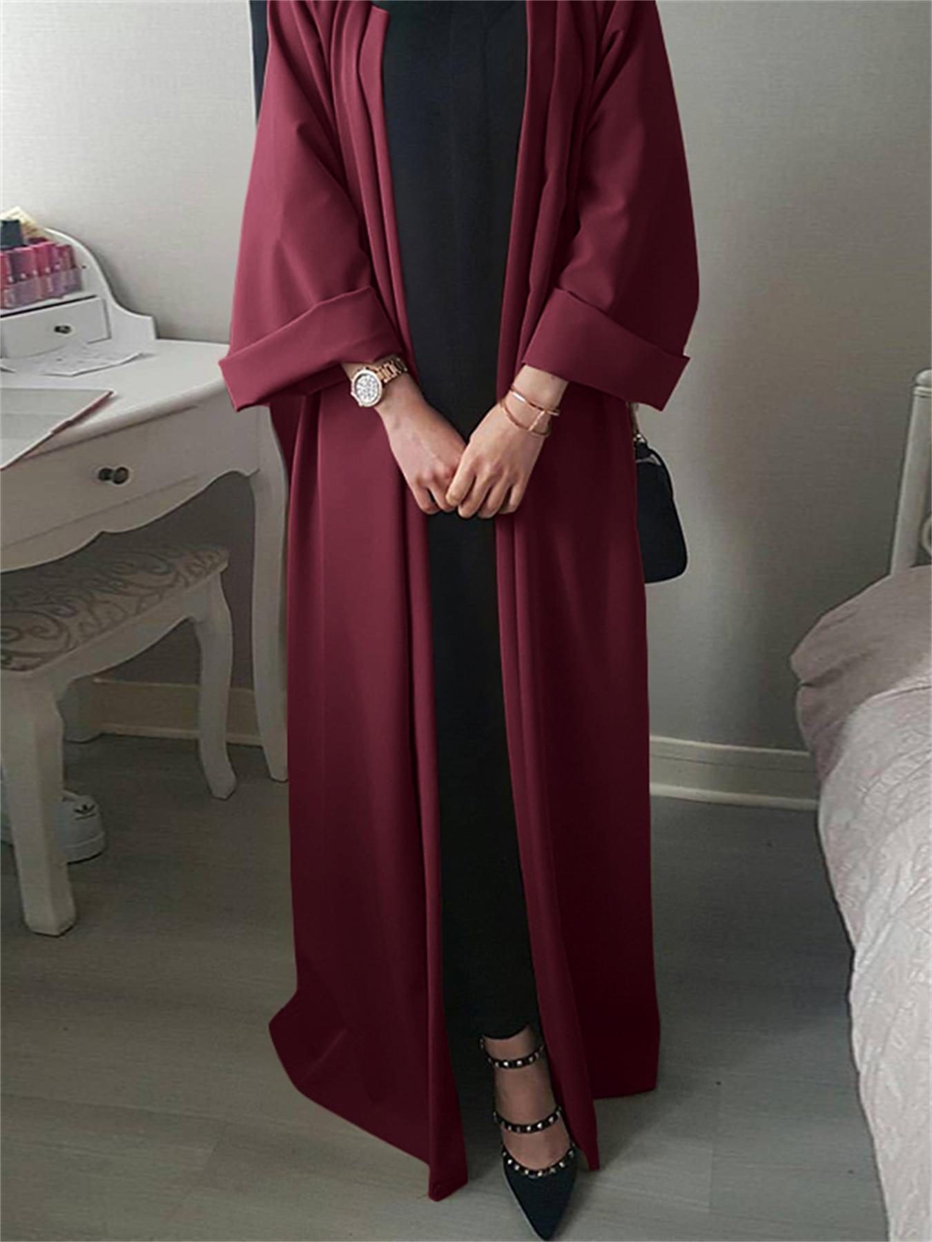 Antmvs Plus Size Modest Abaya Robe, Women's Plus Solid Long Sleeve Open Front Loose Turkey Robe