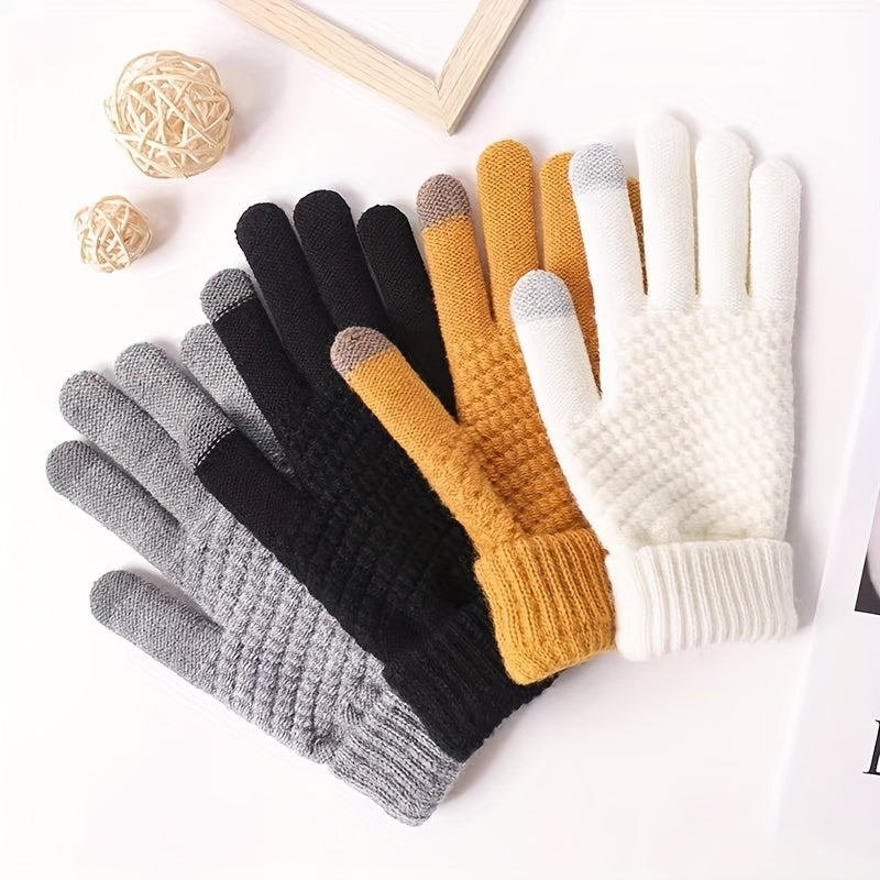 4pairs Pineapple Patter Jacquard Gloves, Short Thickened Warm Knit Touchscreen Gloves, Fall Winter Outdoor Coldproof Riding Gloves