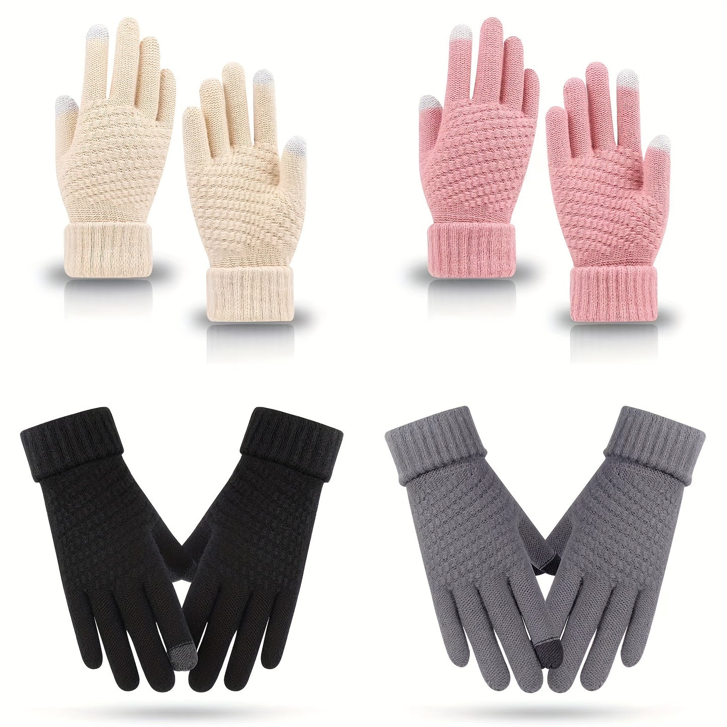 4pairs Pineapple Patter Jacquard Gloves, Short Thickened Warm Knit Touchscreen Gloves, Fall Winter Outdoor Coldproof Riding Gloves