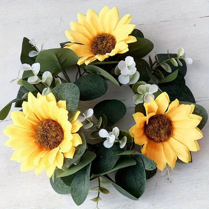 1/2pcs Fake Sunflower Eucalyptus Leaf Wreath, Faux Candle Wreath, Fake Candlestick Flower Ring, Premium Oxidation Resistance Real Touch Fake Flowers For Wedding Arrangement, Aesthetic Room Décor, Home Décor