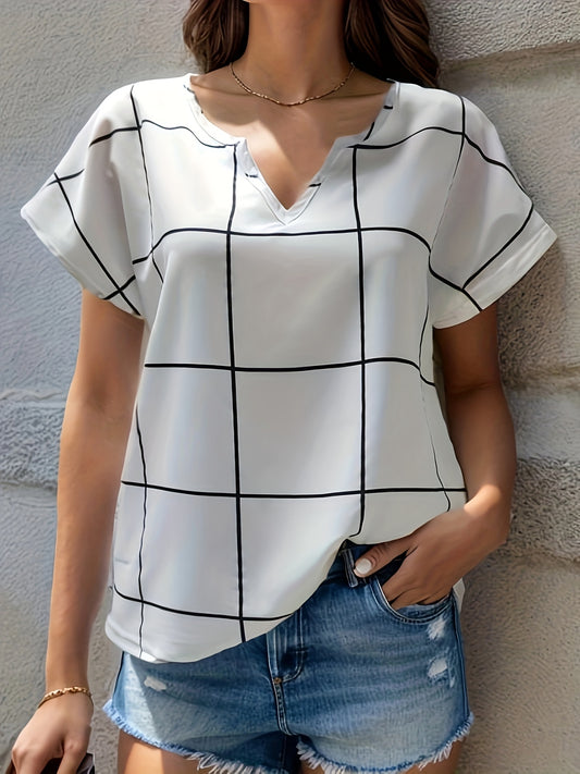 Antmvs  Plaid Notched Neck Blouse, Casual Short Sleeve Blouse For Spring & Summer, Women's Clothing