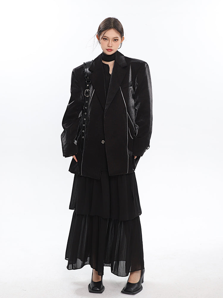 Antmvs Bailon Solid Color Black Chiffon Pleated Layered Long Blouse Skirt Dress Matching Set