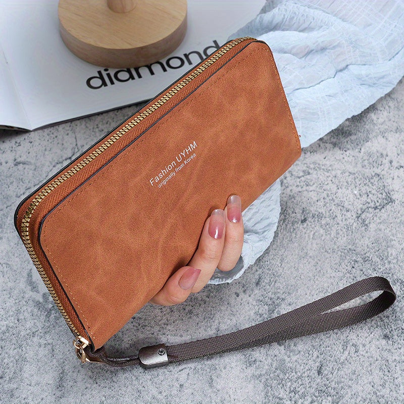 Women's Long Wallet - Clutch With Multi-Function Card Holder And Phone Pocket - PU Leather Purse With Wrist Strap