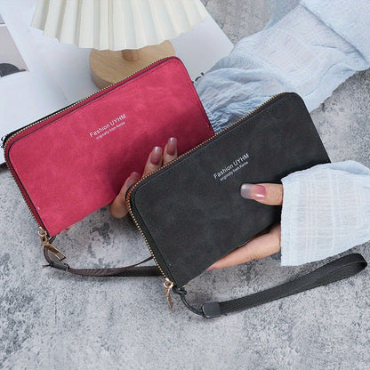 Women's Long Wallet - Clutch With Multi-Function Card Holder And Phone Pocket - PU Leather Purse With Wrist Strap