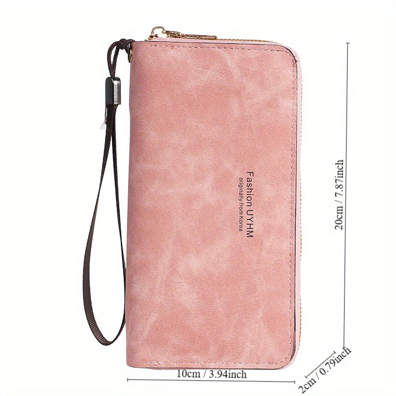 Women's Long Wallet - Clutch With Multi-Function Card Holder And Phone Pocket - PU Leather Purse With Wrist Strap