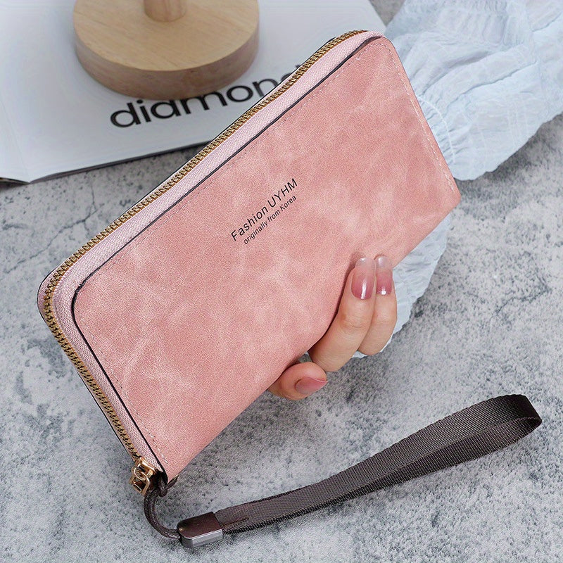 Women's Long Wallet - Clutch With Multi-Function Card Holder And Phone Pocket - PU Leather Purse With Wrist Strap