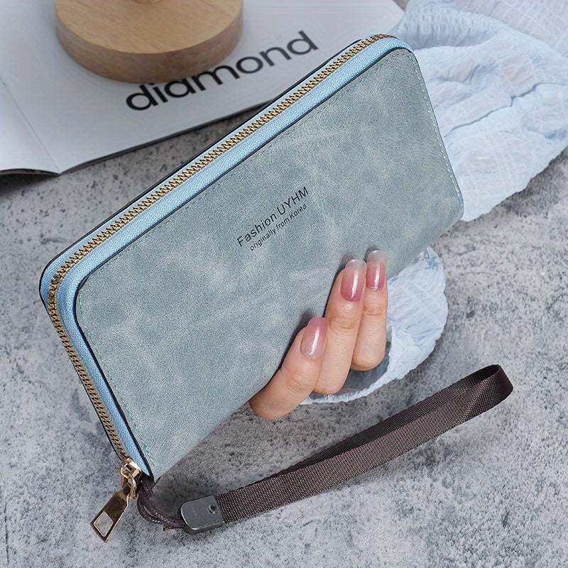 Women's Long Wallet - Clutch With Multi-Function Card Holder And Phone Pocket - PU Leather Purse With Wrist Strap