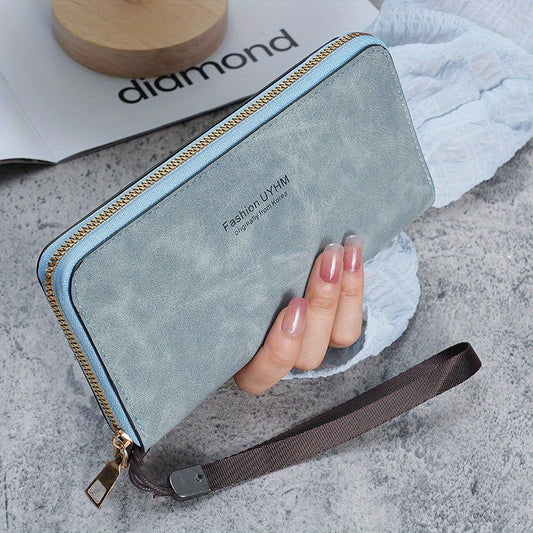 Women's Long Wallet - Clutch With Multi-Function Card Holder And Phone Pocket - PU Leather Purse With Wrist Strap