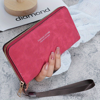 Women's Long Wallet - Clutch With Multi-Function Card Holder And Phone Pocket - PU Leather Purse With Wrist Strap