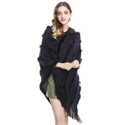 Antmvs Loose Knit Hooded Pullover Poncho Large Solid Color Batwing Tassel Shawl Autumn Winter Travel Outside Windproof Cape