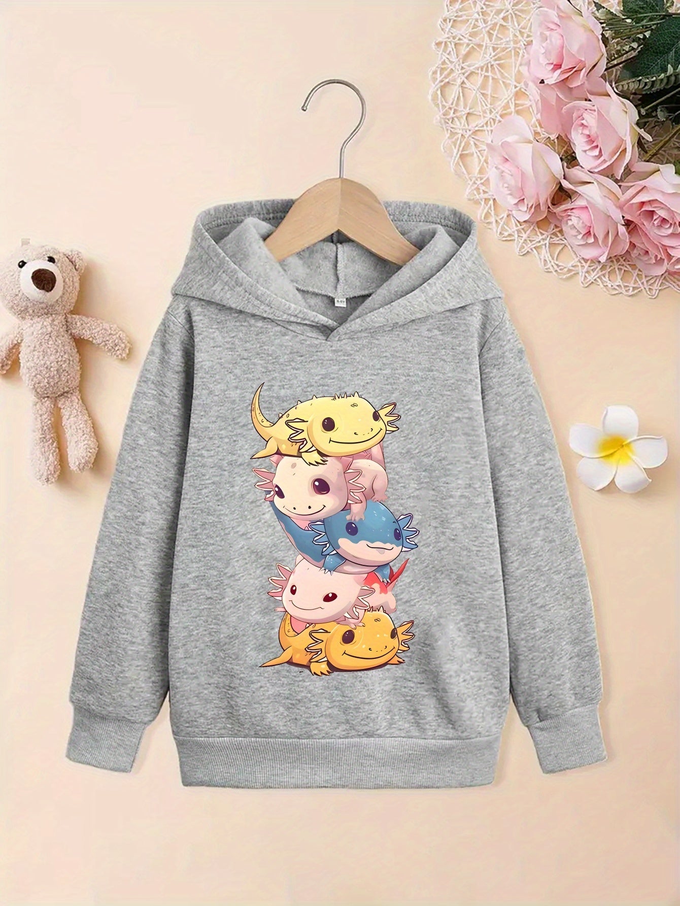 Stylish Cartoon Axolotls Graphic Print Hoodie - Soft Fleece Lining, Warm, Long Sleeve, Trendy, and Cozy for Girls' Streetwear - Perfect for Fall and Winter Seasons