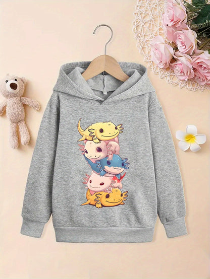 Stylish Cartoon Axolotls Graphic Print Hoodie - Soft Fleece Lining, Warm, Long Sleeve, Trendy, and Cozy for Girls' Streetwear - Perfect for Fall and Winter Seasons