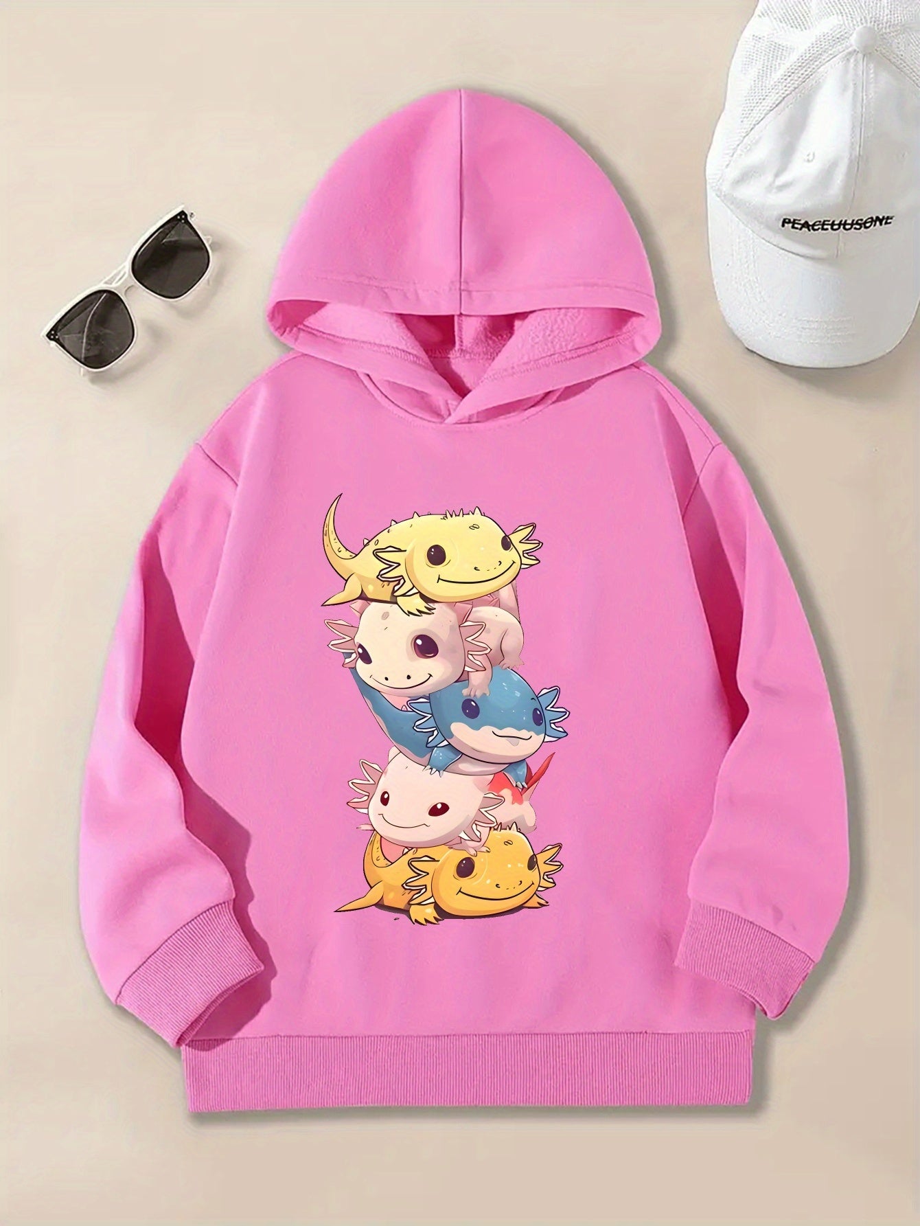 Stylish Cartoon Axolotls Graphic Print Hoodie - Soft Fleece Lining, Warm, Long Sleeve, Trendy, and Cozy for Girls' Streetwear - Perfect for Fall and Winter Seasons