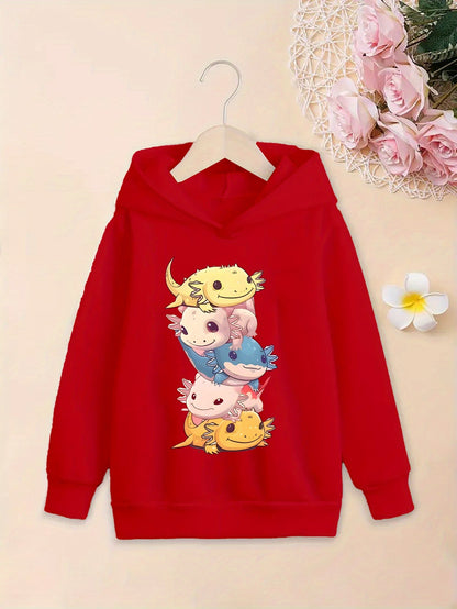 Stylish Cartoon Axolotls Graphic Print Hoodie - Soft Fleece Lining, Warm, Long Sleeve, Trendy, and Cozy for Girls' Streetwear - Perfect for Fall and Winter Seasons