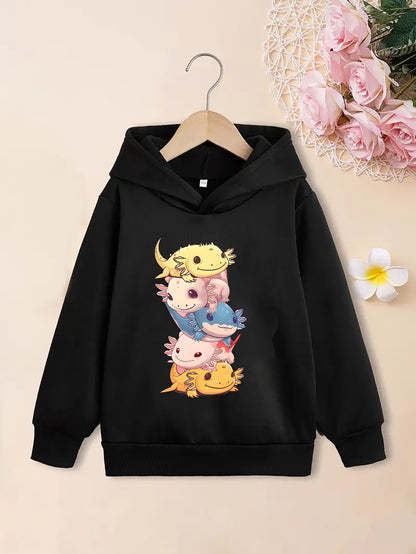 Stylish Cartoon Axolotls Graphic Print Hoodie - Soft Fleece Lining, Warm, Long Sleeve, Trendy, and Cozy for Girls' Streetwear - Perfect for Fall and Winter Seasons