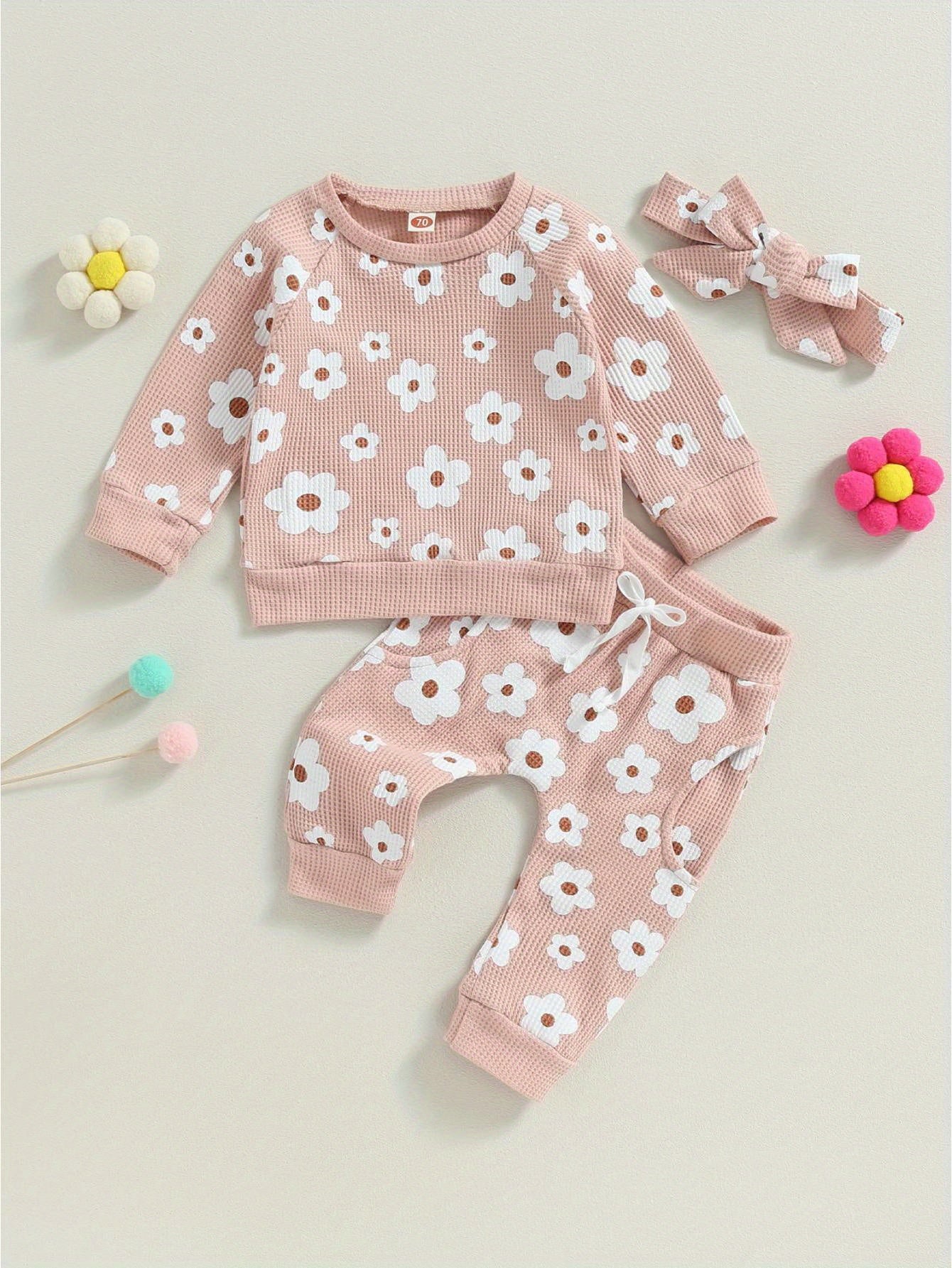 2-Piece Fall Outfit for Baby Girls - Soft Flower Print Long Sleeve Crew Neck Sweatshirt, Casual Pants, and Adorable Bow Headband - Cozy, Comfortable, and Stylish Clothing Set