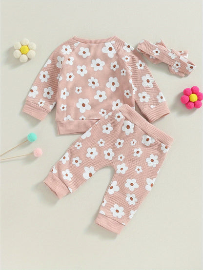 2-Piece Fall Outfit for Baby Girls - Soft Flower Print Long Sleeve Crew Neck Sweatshirt, Casual Pants, and Adorable Bow Headband - Cozy, Comfortable, and Stylish Clothing Set