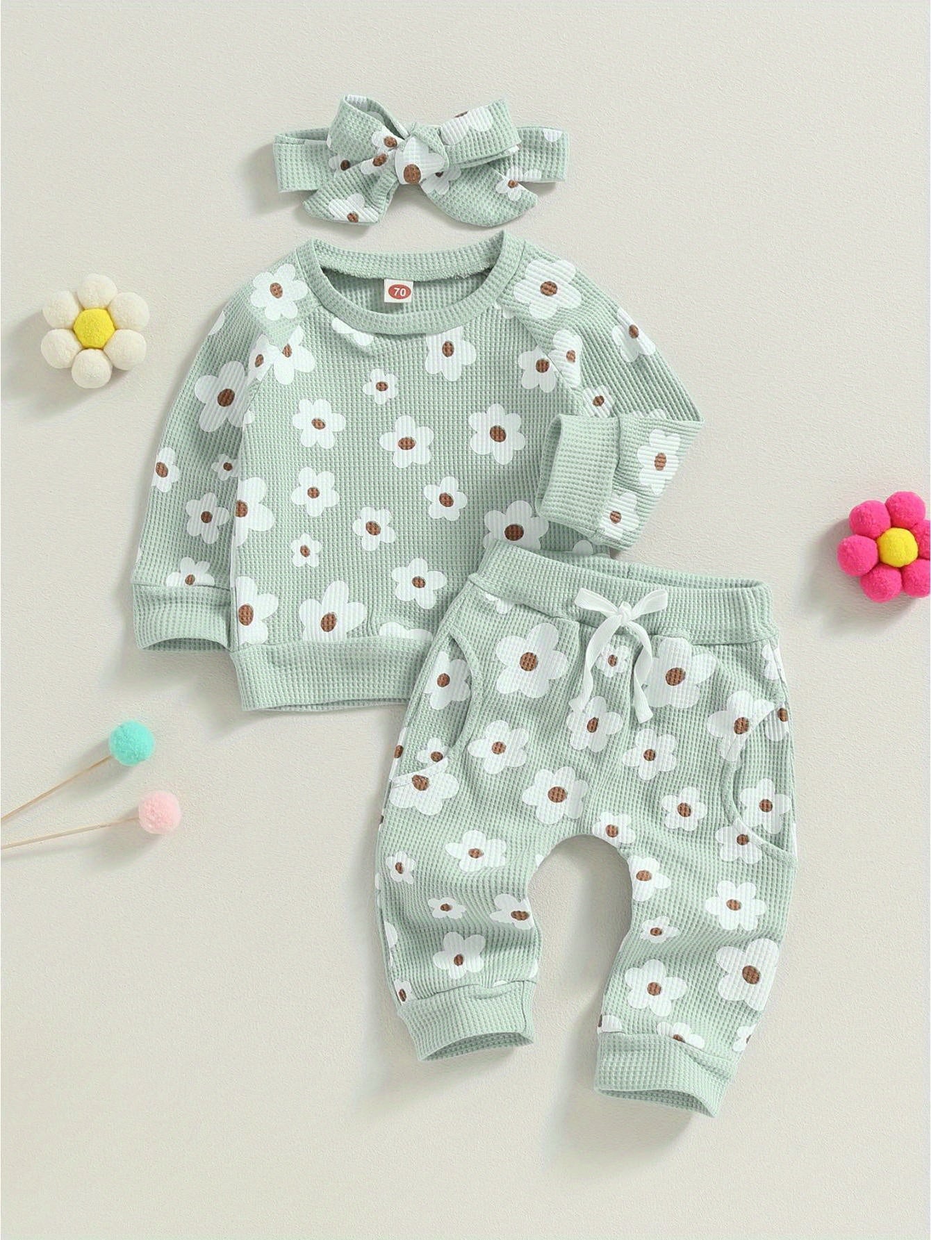 2-Piece Fall Outfit for Baby Girls - Soft Flower Print Long Sleeve Crew Neck Sweatshirt, Casual Pants, and Adorable Bow Headband - Cozy, Comfortable, and Stylish Clothing Set