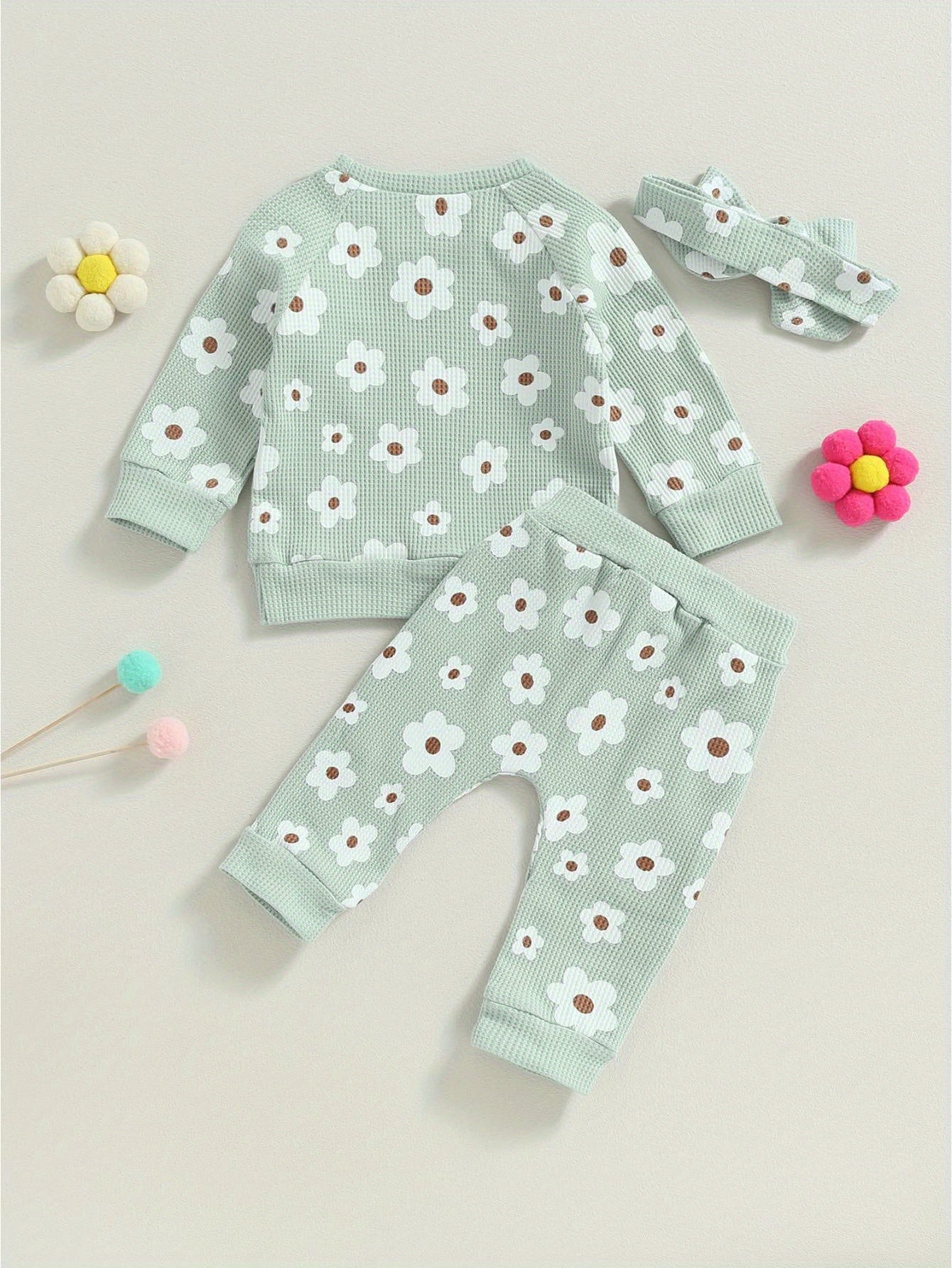 2-Piece Fall Outfit for Baby Girls - Soft Flower Print Long Sleeve Crew Neck Sweatshirt, Casual Pants, and Adorable Bow Headband - Cozy, Comfortable, and Stylish Clothing Set