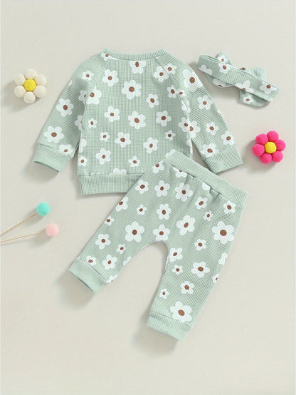 2-Piece Fall Outfit for Baby Girls - Soft Flower Print Long Sleeve Crew Neck Sweatshirt, Casual Pants, and Adorable Bow Headband - Cozy, Comfortable, and Stylish Clothing Set