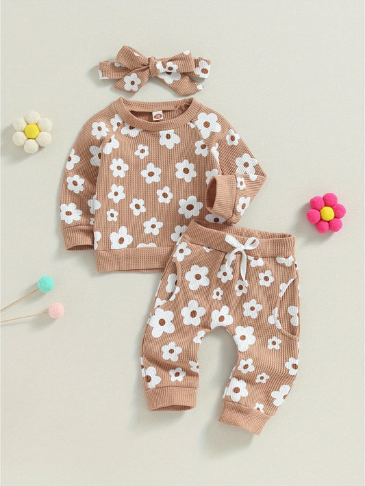 2-Piece Fall Outfit for Baby Girls - Soft Flower Print Long Sleeve Crew Neck Sweatshirt, Casual Pants, and Adorable Bow Headband - Cozy, Comfortable, and Stylish Clothing Set