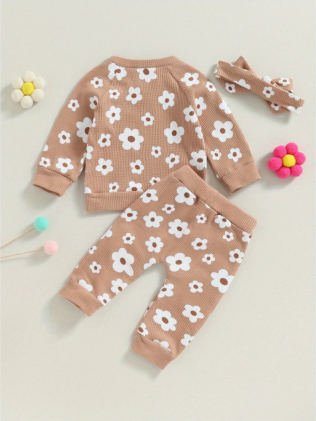 2-Piece Fall Outfit for Baby Girls - Soft Flower Print Long Sleeve Crew Neck Sweatshirt, Casual Pants, and Adorable Bow Headband - Cozy, Comfortable, and Stylish Clothing Set