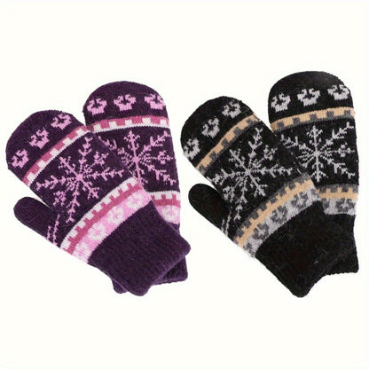 Women's Winter Knitted Mittens With Rabbit Hair Lining, Snowflake Pattern Design, Stretchy And Warm Gloves For Outdoor Activities