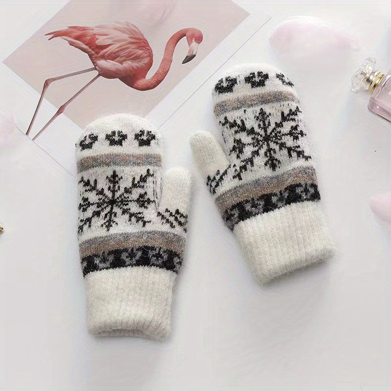 Women's Winter Knitted Mittens With Rabbit Hair Lining, Snowflake Pattern Design, Stretchy And Warm Gloves For Outdoor Activities