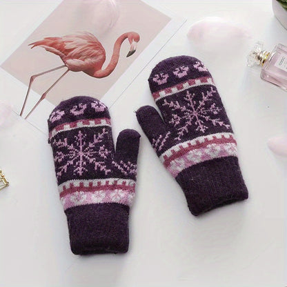 Women's Winter Knitted Mittens With Rabbit Hair Lining, Snowflake Pattern Design, Stretchy And Warm Gloves For Outdoor Activities