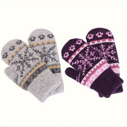 Women's Winter Knitted Mittens With Rabbit Hair Lining, Snowflake Pattern Design, Stretchy And Warm Gloves For Outdoor Activities