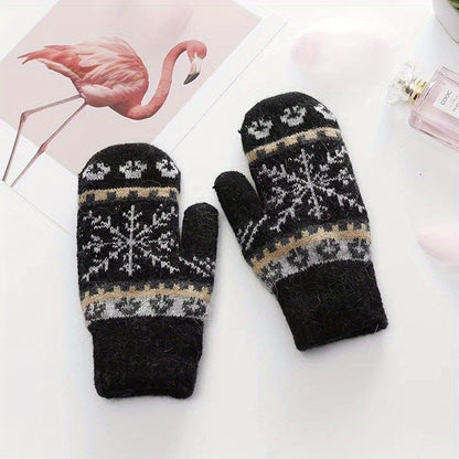 Women's Winter Knitted Mittens With Rabbit Hair Lining, Snowflake Pattern Design, Stretchy And Warm Gloves For Outdoor Activities