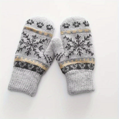 Women's Winter Knitted Mittens With Rabbit Hair Lining, Snowflake Pattern Design, Stretchy And Warm Gloves For Outdoor Activities