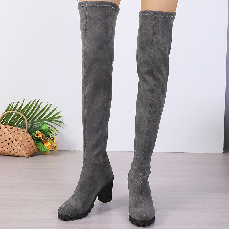 Stylish Women's Over Knee Long Boots - Comfortable Pull-On Design, Chunky Heel, Slim Elastic Round Toe, Soft Insole, Breathable Lining, and Easy Slip-Resistant Outsole for Walking and Outdoor Activities