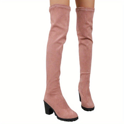 Stylish Women's Over Knee Long Boots - Comfortable Pull-On Design, Chunky Heel, Slim Elastic Round Toe, Soft Insole, Breathable Lining, and Easy Slip-Resistant Outsole for Walking and Outdoor Activities