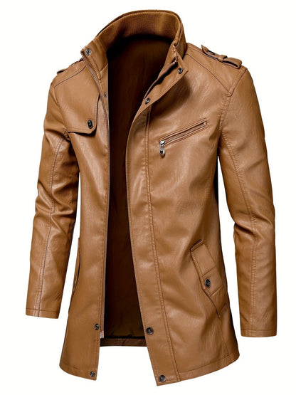 Stylish Men's PU Leather Jacket - Casual Street Style Stand Collar Overcoat with Zipper Pockets, Adjustable Cuffs, and Soft Lining for Comfortable Wear