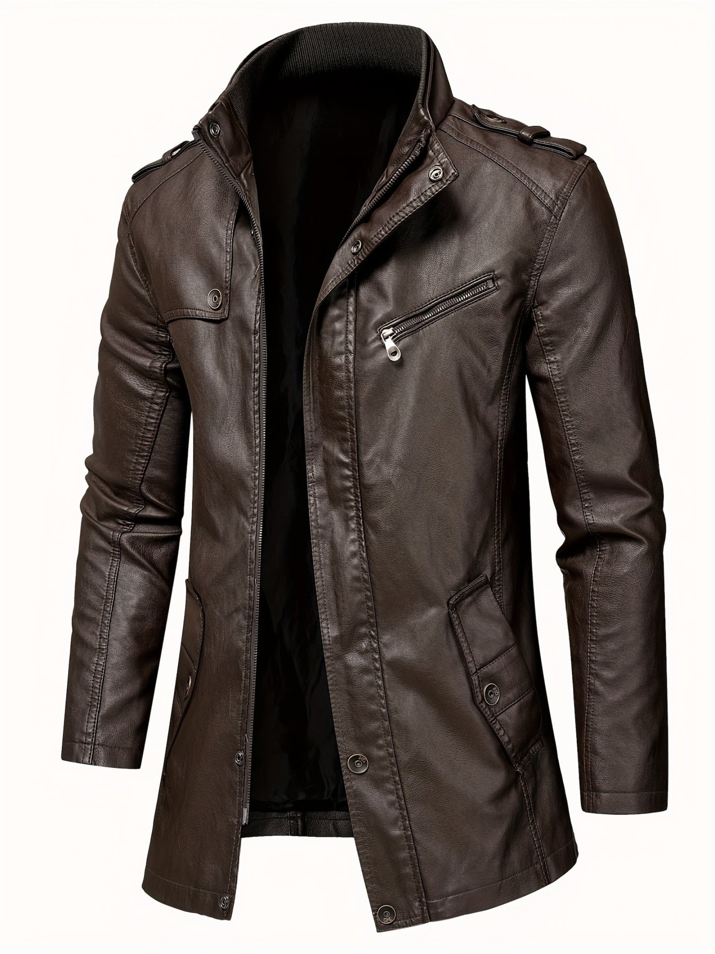 Stylish Men's PU Leather Jacket - Casual Street Style Stand Collar Overcoat with Zipper Pockets, Adjustable Cuffs, and Soft Lining for Comfortable Wear