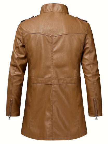 Stylish Men's PU Leather Jacket - Casual Street Style Stand Collar Overcoat with Zipper Pockets, Adjustable Cuffs, and Soft Lining for Comfortable Wear