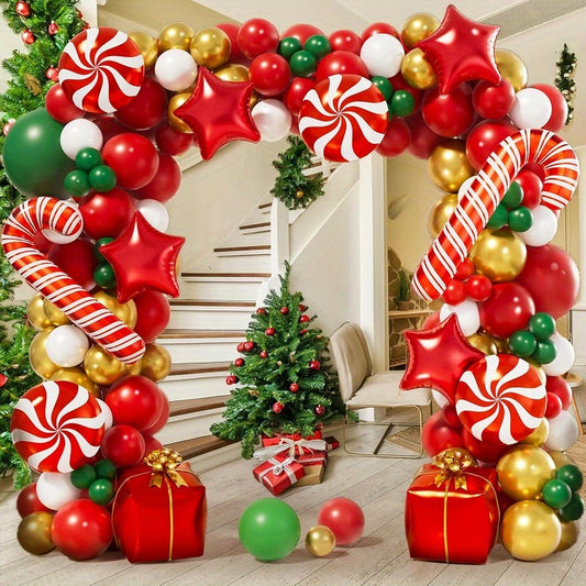 119pcs Latex Balloon Garland Kit - Mixed Color Festive Red, White & Golden with Candy Canes for Holiday Home Outdoor Party Decorations - No Electricity Needed