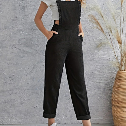 Antmvs Solid Ruffle Trim Overall Jumpsuit, Versatile Slant Pockets Corduroy Jumpsuit For Spring & Fall, Women's Clothing