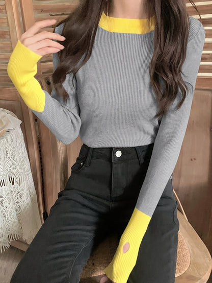 Antmvs Color Block Crew Neck Knitted Top, Casual Long Sleeve Slim Sweater, Women's Clothing