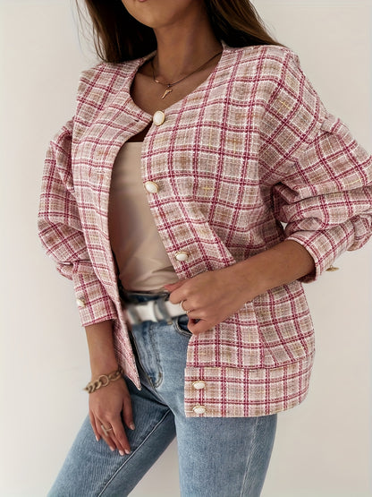 Antmvs Plaid Print Simple Jacket, Casual Button Front Long Sleeve Outerwear, Women's Clothing