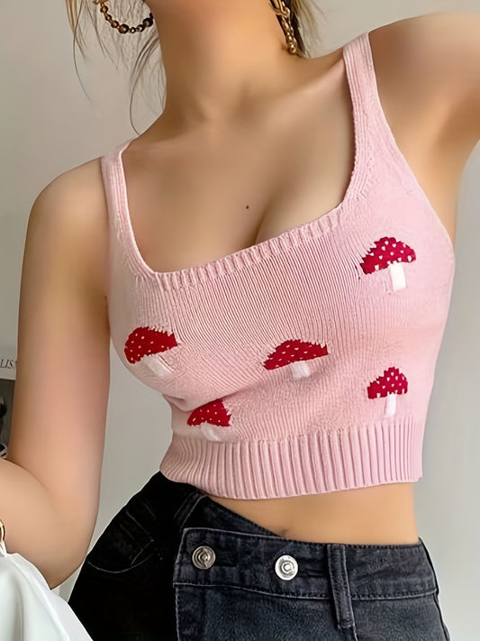 Antmvs Mushroom Pattern Crop Knitted Top, Cute Sleeveless Tank Top For Summer, Women's Clothing