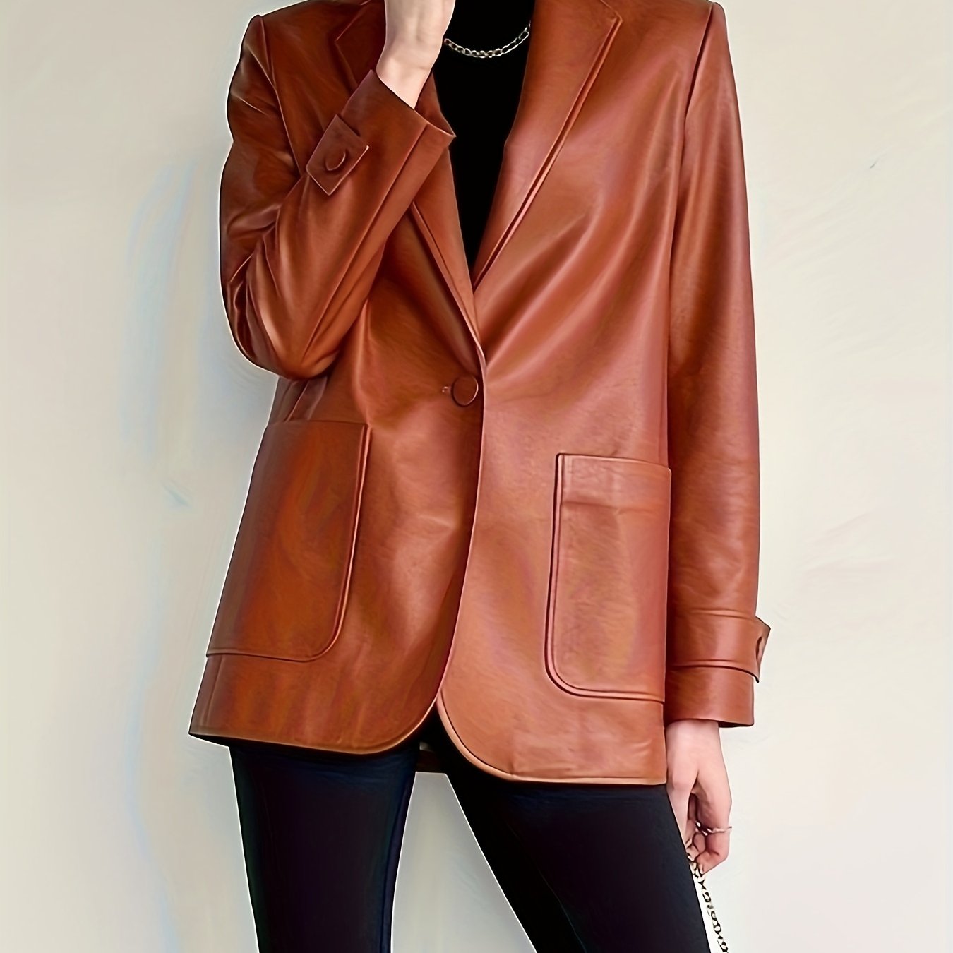 Antmvs Faux Leather Button Front Blazer, Elegant Dual Pockets Lapel Long Sleeve Blazer For Office & Work, Women's Clothing